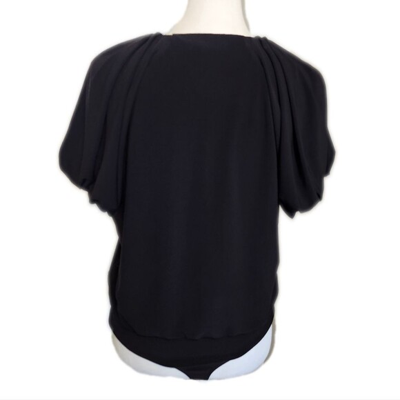 Express Crew Neck Puff Sleeve Riched Black Bodysuit Top, LIKE NEW, M - Picture 3 of 5